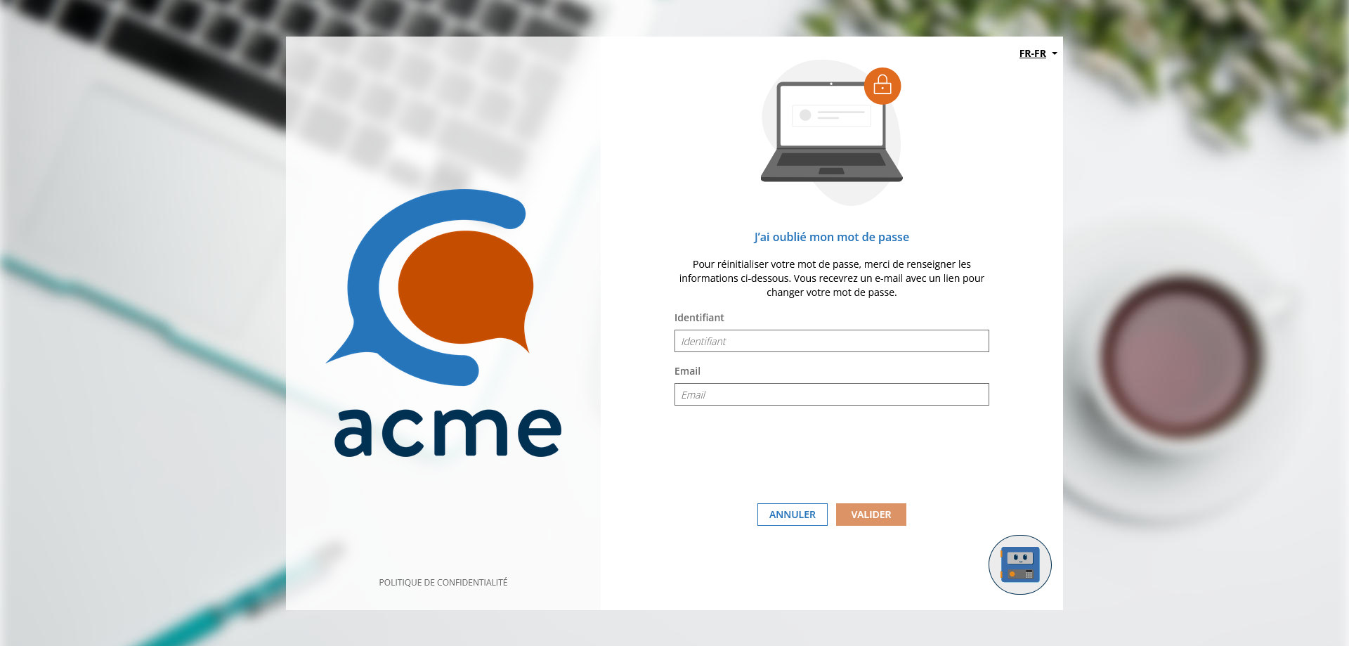 Page de demande de récupération de mot de passe