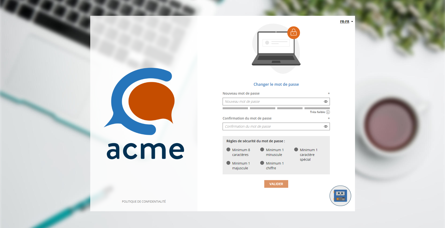 Page de définition du nouveau mot de passe